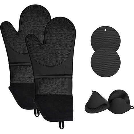 6 Pcs Gants de Four à Micro-Ondes Gants Isolants en Silicone Gants Anti-brûlure Gants de Cuisine en Silicone épais Résistants Four à Micro-Ondes Tapis Isolant en Nid d'abeille, Noir (1/5)