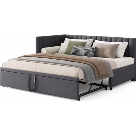Canapé-lit d'angle convertible avec lit gigogne 90 x 200 cm, velours gris, gain de place pour chambre d'enfant ou invité, tête de lit, CHICFURN (1/5)