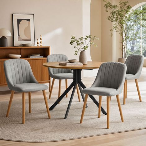 Geourvant 5-Piece Dining Table Sets with Round Oak Veneer Dining Table and 4 Chairs - Grey Velvet Dining Chairs