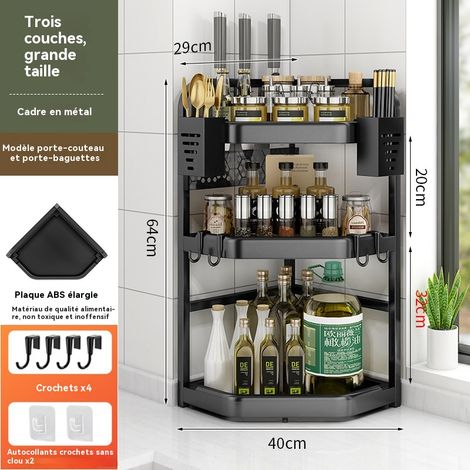 Étagère d'angle triangulaire multifonctionnelle pour plans de travail de cuisine, grande taille à trois niveaux, comprenant un porte-couteaux et un tube de rangement pour ustensiles.