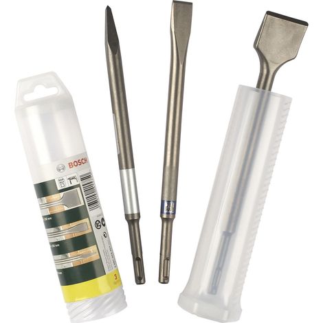 Bosch – Jeu de burins SDS-plus 3 pièces 250 mm – Burin pointu, plat et bêche – Pour béton et maçonnerie – Changement rapide sans outil