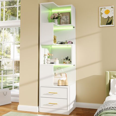 Étagère d’angle blanche 165 cm avec LED et 2 tiroirs, 4 niveaux, bois (1/5)