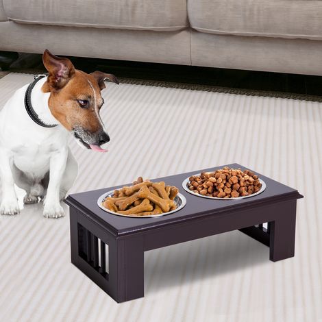 Comedero elevado PawHut para perros, comedero con 2 cuencos, bebedero, 2 cuencos de acero inoxidable de 900 ml, estación de alimentación, comederos para perros pequeños y gatos, color espresso. (1/5)