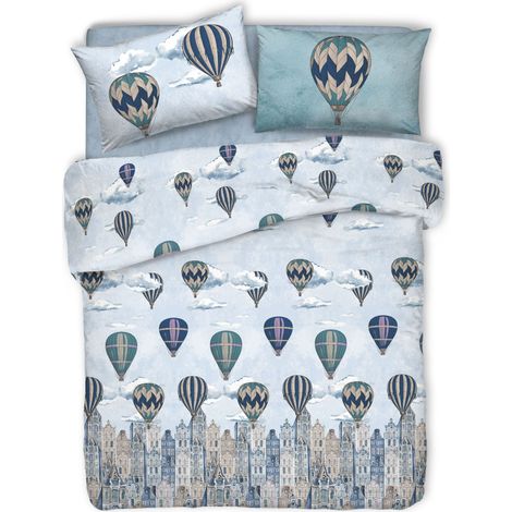 Copripiumino parure sacco e federa con stampa mongolfiera linea volare100% cotone singolo matrimoniale Azzurro - Singolo