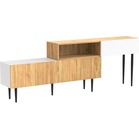 Mobile TV modulare regolabile 2 pezzi con contenitore, bianco ed effetto legno, gambe metalliche (1/5)