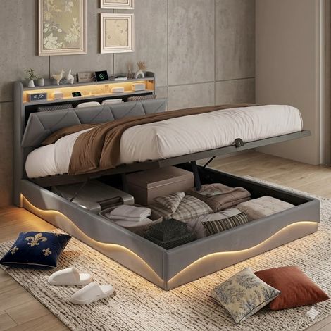 Lit coffre 160x200,lit 160x200 avec sommier,lit double capitonné,lit adulte, tête de lit avec chargement USB et lumières LED réglables,tissu en velours,Gris (1/5)