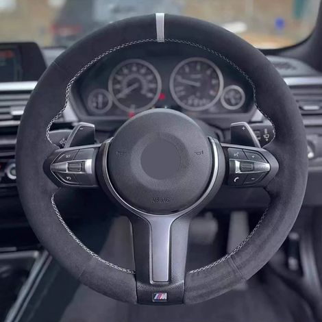 Housse de volant en daim noir (fil rouge et bleu) compatible avec BMW M Sport F30 F31 F34 F10 F11 F07 X1 X2 X3 F25 F32 F33 F36 F48 F39 - Accessoires auto (1/5)