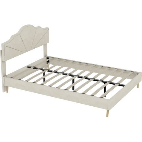 Letto imbottito moderno beige 140x200 cm con testiera geometrica e rete a doghe (1/5)