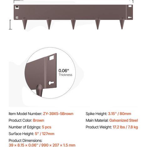 Bordure de paysage, résistante à la rouille, design flexible, 5pcs 39x5in marron (1/2)