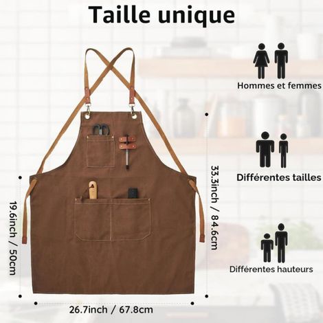 Tablier - Toile Coton 100 % - Dos Croisé - 3 Poches Avant - Pour Cuisine Jardinage Bricolage - 70 x 80 cm - 1 Pièce (1/5)
