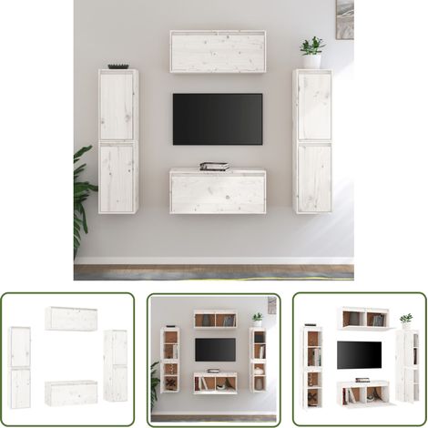 The Living Store Meubles TV 6 pcs Blanc Bois massif de pin - Meuble Tv - Meuble Suspendu - Rangement Mural - Bibliothèque Murale - Décoration Murale (1/5)