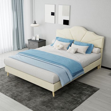 Lit moderne minimaliste et moelleux avec tête de lit confortable et douce, cadre de lit bas 140 x 200 cm sans barre de levage, couleur beige, meuble de chambre multifonctionnel, matelas non inclus. (1/5)