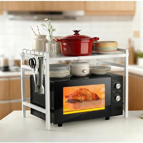 Support Micro-Ondes Réglable - Sans Perçage Étagère Cuisine Acier 50kg, 40-63cm Ajustable avec Crochets - Pour Four, Cafetière (1/5)