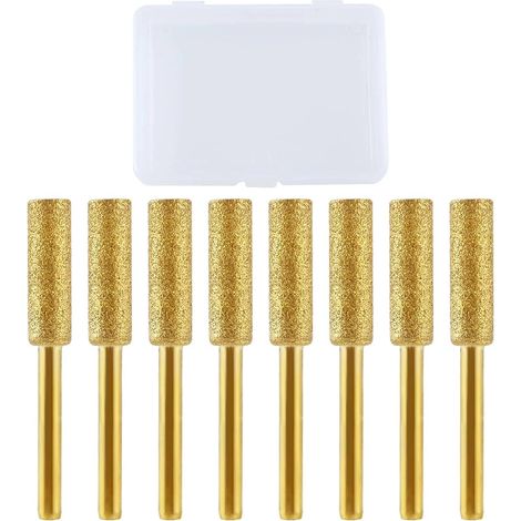 8 Pcs Haute Dureté Diamant Tronçonneuse Aiguiseur Mèche 7/32" 5,5 mm Titane Plaqué Meule Lime Outil de Polissage avec 1/8" Tige pour Bois Bijoux Pierre, Doré - (1/5)