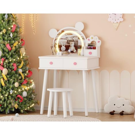 Coiffeuse pour Enfants en Bois avec Miroir Ours Lumineux LED et Tabouret - Table de Maquillage Princesse avec Tiroirs de Rangement pour Filles