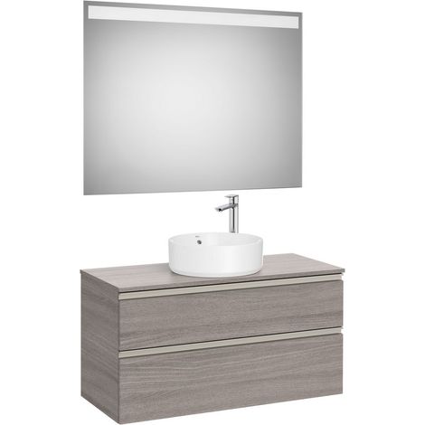 Pack meuble "The gap"1000 pour vasque à poser - 2 tiroirs + plan + miroir LED - city oak/poignées nickel mat - Roca (1/2)