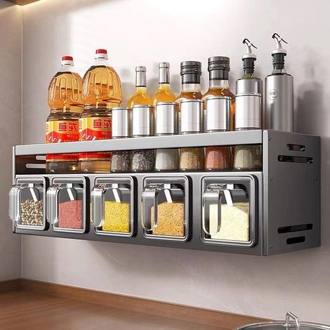 Ortviai – Range-épices de cuisine 2 niveaux, 37 × 17 × 13 cm – organiseur à compartiments avec cuillères – compatible bocaux d'épices, flacons et sachets (1/5)