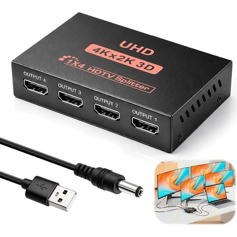 Splitter HDMI 1 Entrée 4 Sorties, 4K Répartiteur HDMI 4 Ports 3D 1080P Splitter HDMI Dupliquer Miroir Écran Supporte pour PC Laptop HDTV Projecteur Lecteur DVD Projecteurs Box Blu-Ray STB (1/5)