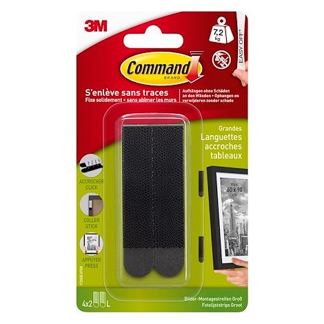 COMMAND 17202BLK LOT DE 4 X 2 BANDES DE FIXATION POUR CADRE TAILLE S : JUSQU'À 1,8 KG DE CHARGE LARGE NOIR
