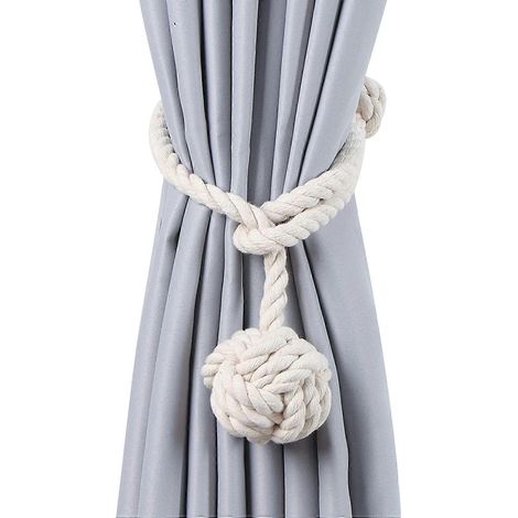 Set aus 4 handgefertigten Vorhanghaltern aus natürlichem Baumwollseil mit Knoten, für eine Dekoration im Landhausstil. (1/5)