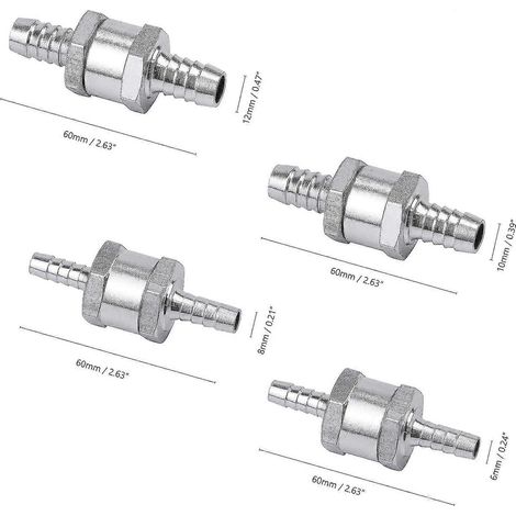 Lot de 4 clapets anti-retour diesel 6/8/10/12 mm, vanne de carburant en alliage d'aluminium avec flèche pour voitures, bateaux et motos essence/diesel, semaket, argent (1/4)