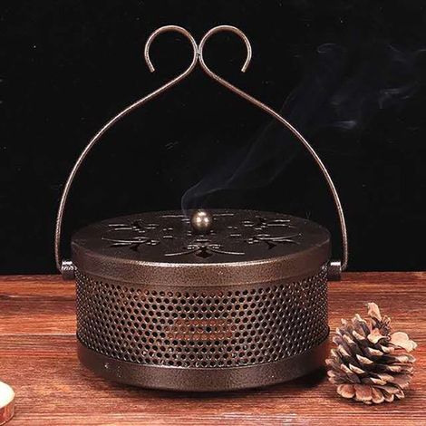 Porta incienso en espiral de metal estilo antiguo con tapa y asa，Porta incienso seguro e ignífugo para uso en interiores y exteriores (1/5)