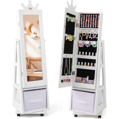 Pour Filles et Enfants Armoire à Bijoux avec Miroir pour Chambre Structure Pivotante Roulettes et Étagères Blanc (1/5)