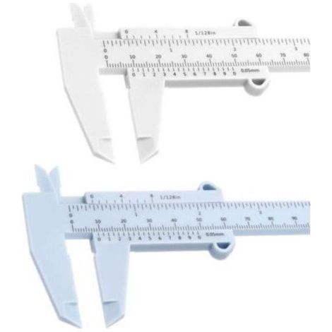 6 pouces 150 mm Mini pied à coulisse en plastique à double échelle pied à coulisse, outil de mesure de pied à coulisse, pour menuiserie, étudiant, mesure de bijoux, etc. (blanc et bleu) (1/4)