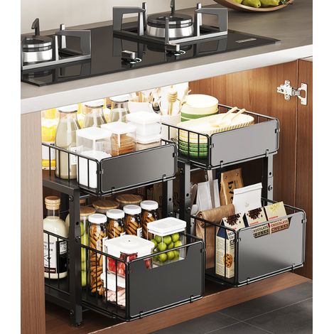 Panier coulissant pour sous évier de cuisine étagère de rangement double noire réglable en hauteur en acier au carbone pour bouteilles d'assaisonnement ustensiles de cuisine 39 x29 cm (1/5)