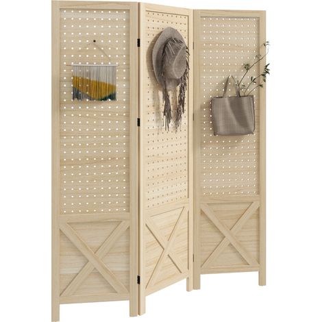 Paravent intérieur - HOMCOM - 3 panneaux - panneau perforé - pour salon, chambre maison - en bois - 114 x 144,5 cm - bois naturel (1/5)