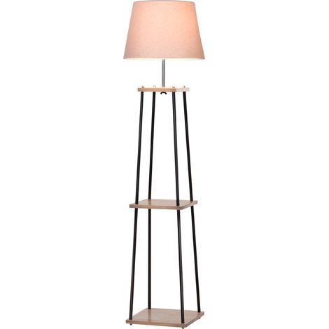 Lampadaire design 40x40x160 cm 40W max 3 étagères intégrées bois pin métal noir lin beige (1/5)