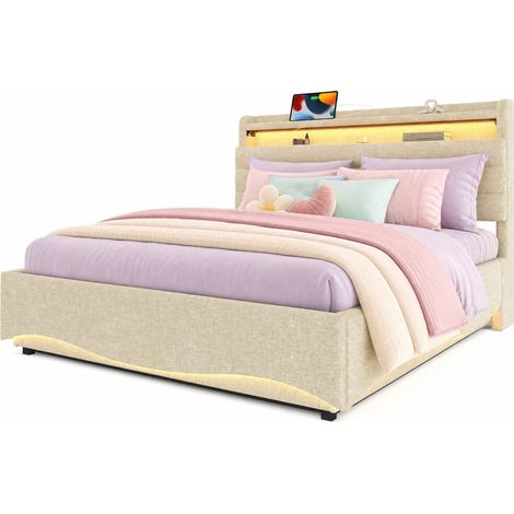 Letto contenitore 140x200 cm beige in lino con LED, USB-C e testiera con vano - CHICFURN (1/5)