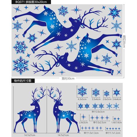 Autocollants de Noël rennes bleus, décorations de fenêtre cerfs sous un ciel étoilé et flocons de neige, autocollants statiques dégradés pour sapin de Noël, décorations de fenêtre fraîches.