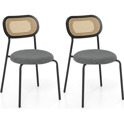 Costway – Lot de 2 chaises de salle à manger en rotin – Siège rond rembourré en tissu de lin – Dossier en canne – Hauteur d’assise 46 cm – Structure en métal (1/5)