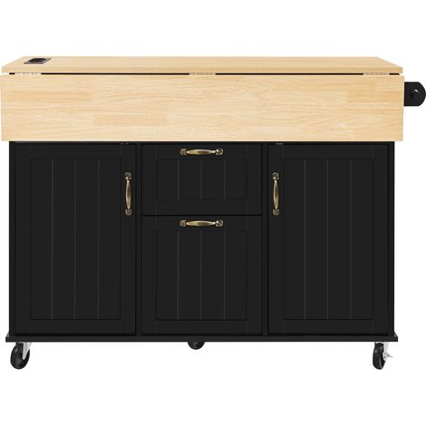 Isla de cocina móvil con ruedas, encimera abatible, cajón y enchufe, MDF, negro (1/5)