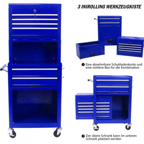 Armoire mobile à outils,6 commandes et 4 roues universelles,système de rangement 2 en 1,adaptée aux ateliers de réparation,bleue.