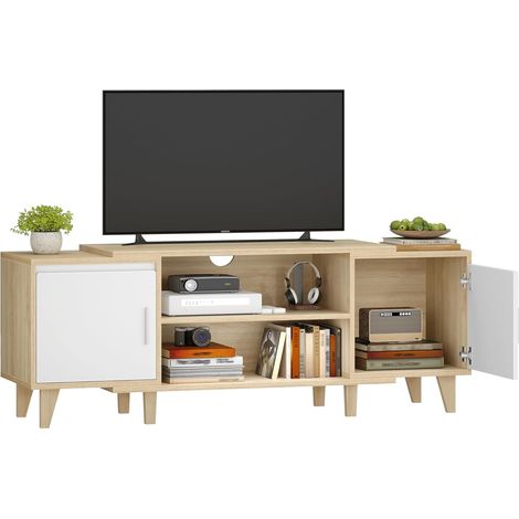 Meuble TV, pour Télévisions 65 Pouces, Banc TV avec 2 Armoires et 2 Ouverts, Support Télé avec Étagères Réglables, pour Salon, Chambre à Coucher, Blanc-Chêne (1/5)