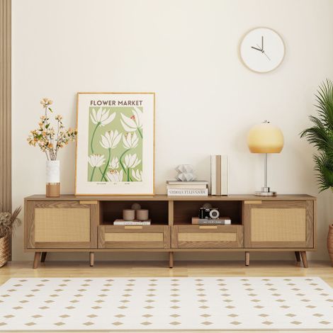 Meuble TV, 200 x 37 x 49 cm, meuble TV design en rotin synthétique, pieds en bois massif, panneau TV en rotin (1/5)