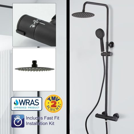 Round Black Thermostatic Dual Control Twin Head Shower Mixer Ultra Thin + Kit (1/5)
