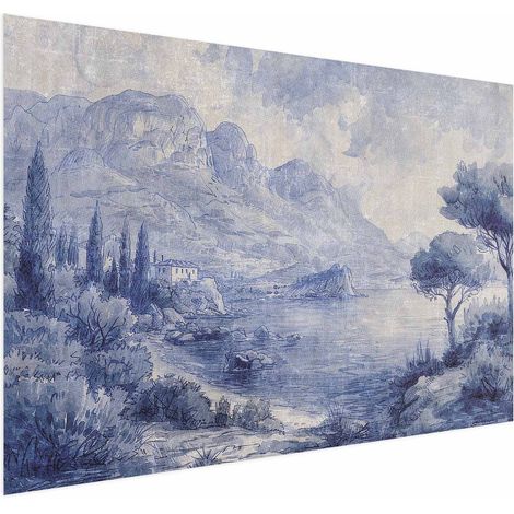 Poster - Baia Blu - Paesaggio italiano del Lago di Como dipinto con inchiostro blu (1/4)