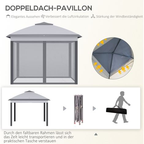 Pergola pliante extérieur 3x3m avec moustiquaire et rideaux en voile, toile métallique textile, trous d'évacuation, gris anthracite, 330x330x288 cm