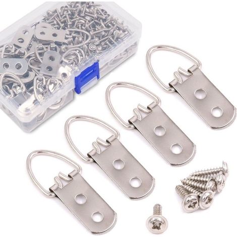50 pcs Heavy Duty Grande bague Large D Forme à ongles Non trace Cadre photo cintres double trou avec vis, pour décoration de la maison, cadre photo à suspendre avec boîte transparente (1/5)