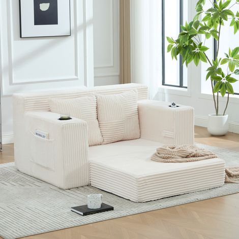 Canapé 2 places en velours côtelé beige avec rangements latéraux, 151 x 133 x 64 cm (1/5)