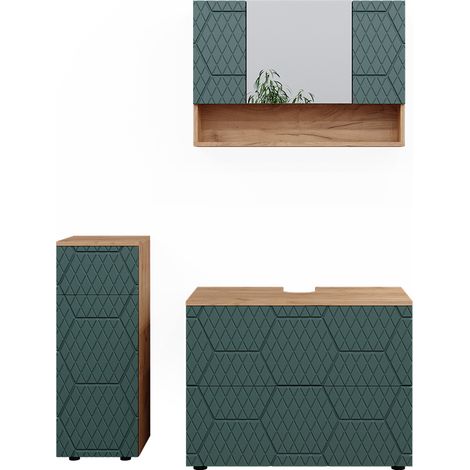 Ensemble de meubles de salle de bain Irma, Vert, 3 pièces, avec armoire à tiroirs et armoire middle, Vicco