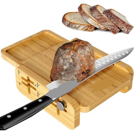 Trancheuse à pain pour pain maison, la première trancheuse à pain horizontale en bois au monde avec plateau ramasse-miettes, épaisseur réglable de 3 tranches pour pain au levain, gâteau, toast et bage