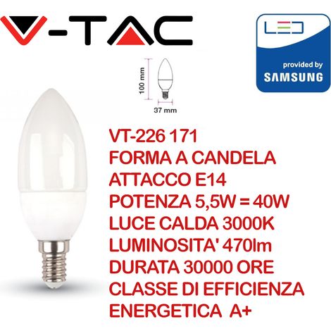 V-TAC PRO VT-226 LAMPADINA LED E14 5,5W CANDELA CHIP SAMSUNG - SKU 171 / 172 / 173 - Colore Luce: Bianco Caldo