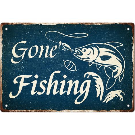 Gone Fishing Plaque Metal Vintage Fish Hooks Bait Blue White Metal Tin Signs Funny Wall Art Peinture Métal Décor pour Fish Tank Garage Farmhouse Home Clôture Extérieur 30x20cm (1/5)