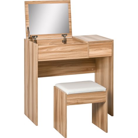 HOMCOM Dressing Table Set Cushioned Stool Flip-up Mirror Drawer Chipboard Natural wood (1/8)