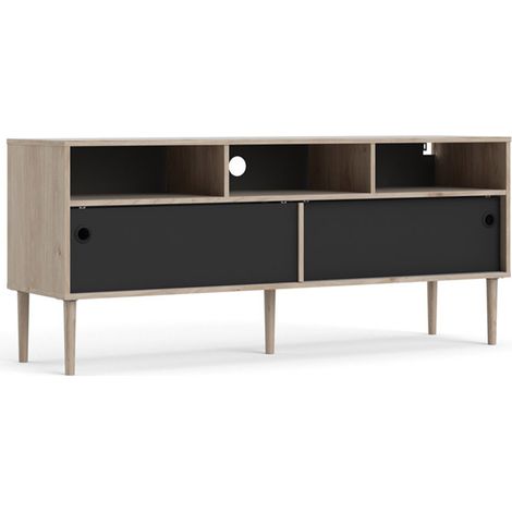 Penny Meuble TV, 2 portes coulissantes et 3 compartiments, imitation chêne Hickory, noir mat.