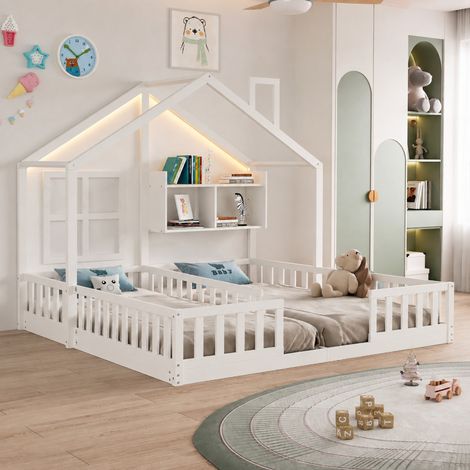 Letto a casetta doppio 90x200 cm bianco con LED e ripiani, senza materassi - MEUBLIV (1/5)